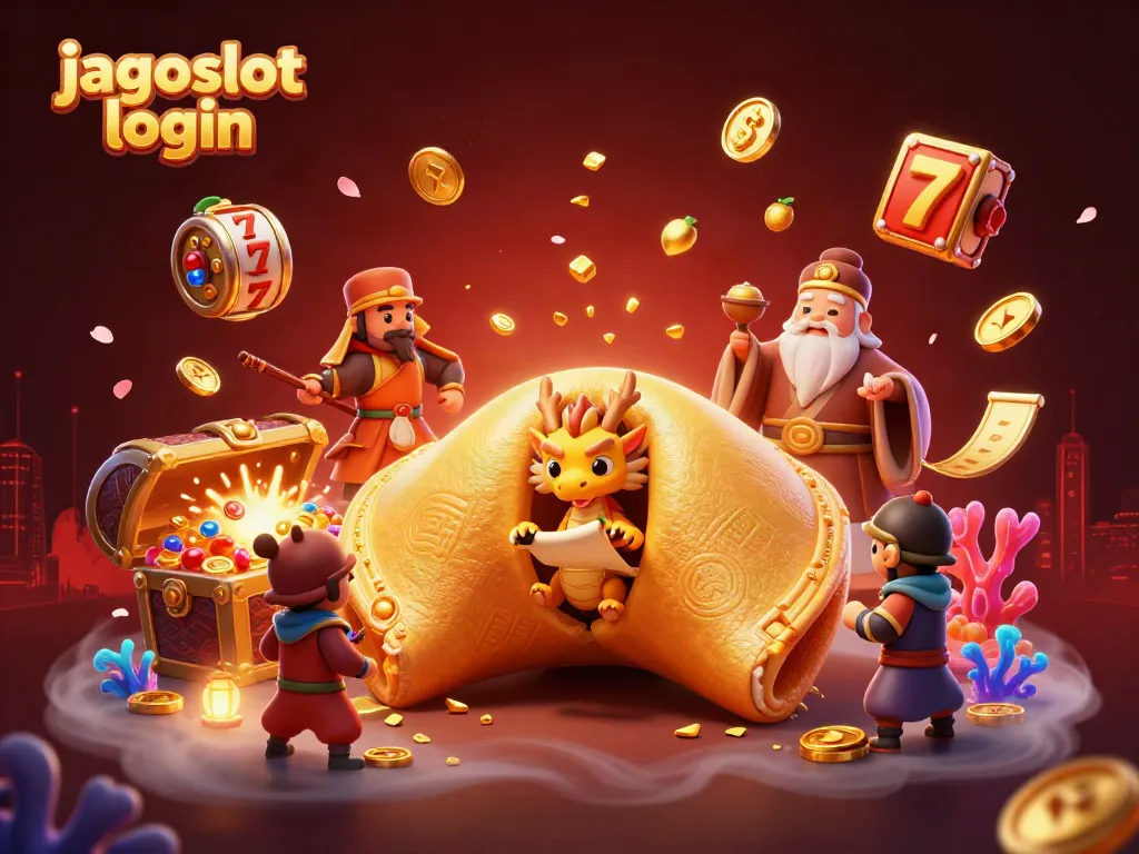 Mengakses jagoslot login melalui ilustrasi 3D kreatif yang menggambarkan elemen permainan slot.