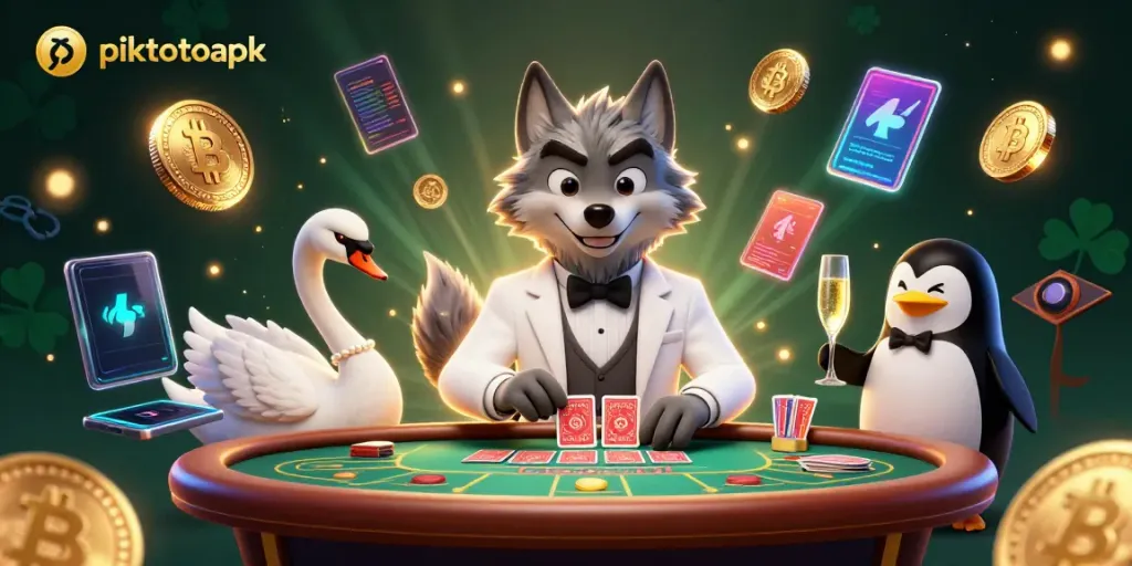Experience high-stakes baccarat with piktotoapk, featuring a debonair wolf and elegant characters.