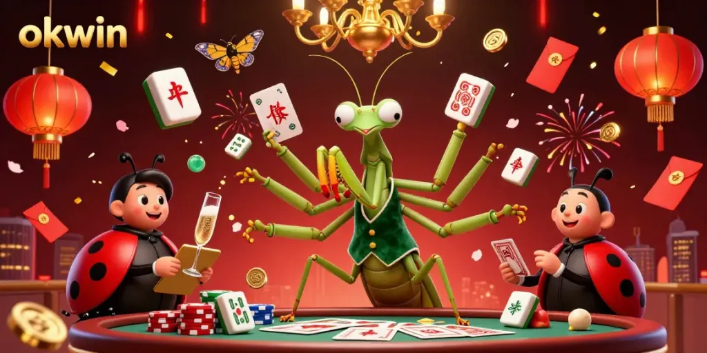 Experience the excitement at okwin with vibrant casino action featuring a mantis dealer and ladybug pit boss.