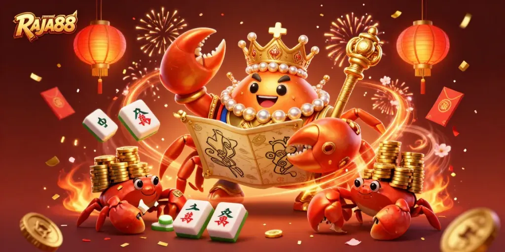 Engage with RAJA88's fantastic gaming world featuring a golden crab emperor in a rich 3D illustration.