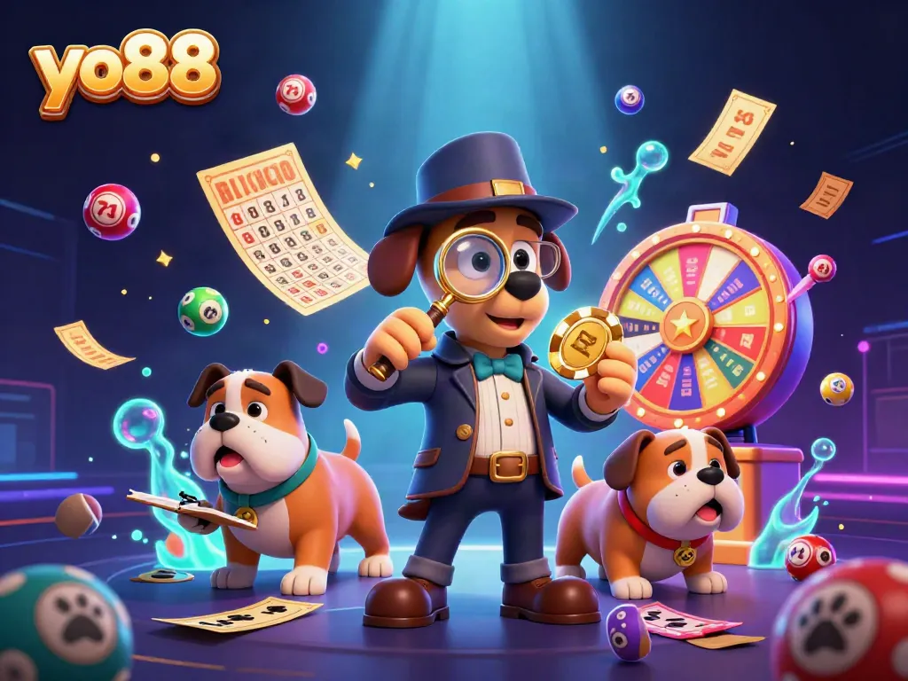 Experience yo88 gaming excitement with a detective cartoon exploring clues in a vibrant casino scene