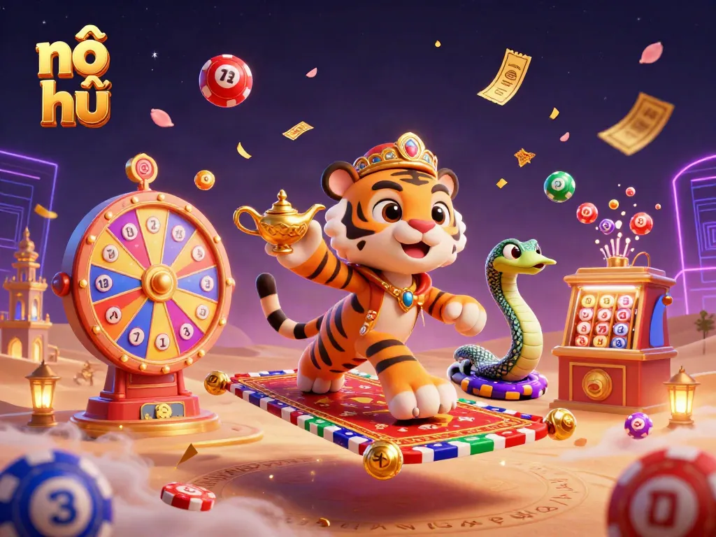 Experience the thrill of nổ hũ with vibrant lottery balls, spinning prize wheel, and a magical casino atmosphere.
