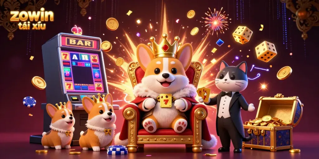 Experience the excitement of zowin tài xỉu with a royal corgi on a poker chip throne amid a vibrant casino scene.