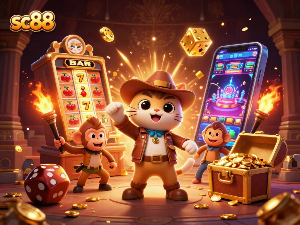 Experience sc88 excitement with a 3D explorer cat and a jackpot scene featuring golden casino artifacts.
