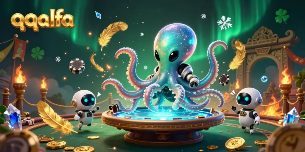 Permainan menyenangkan qqalfa dengan karakter kartun alien dan robot kecil di meja poker holografis.