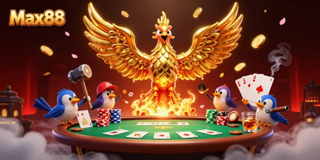 Experience high-stakes poker excitement with Max88's golden phoenix amidst vibrant casino elements.
