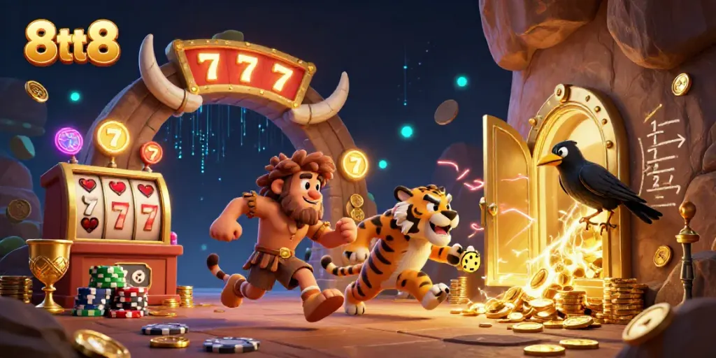 Experience the thrill of 8tt8's prehistoric casino with vibrant slot reels and golden treasures.