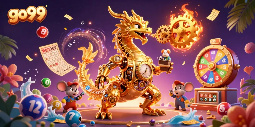 Experience the thrilling action at go99 with a golden dragon and dynamic casino elements.