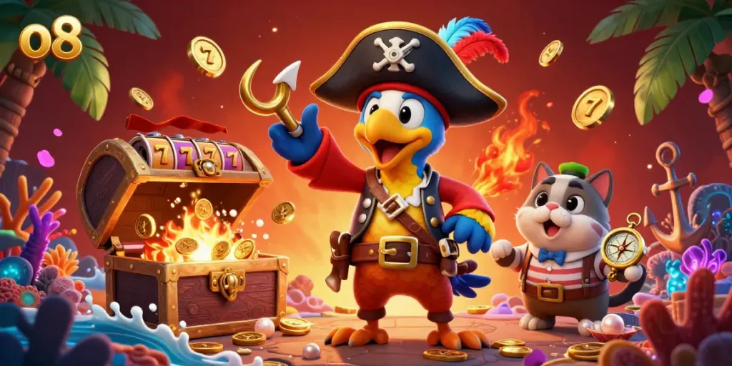 Experience the thrill of o8's gaming treasure with pirate characters and vibrant slot elements.