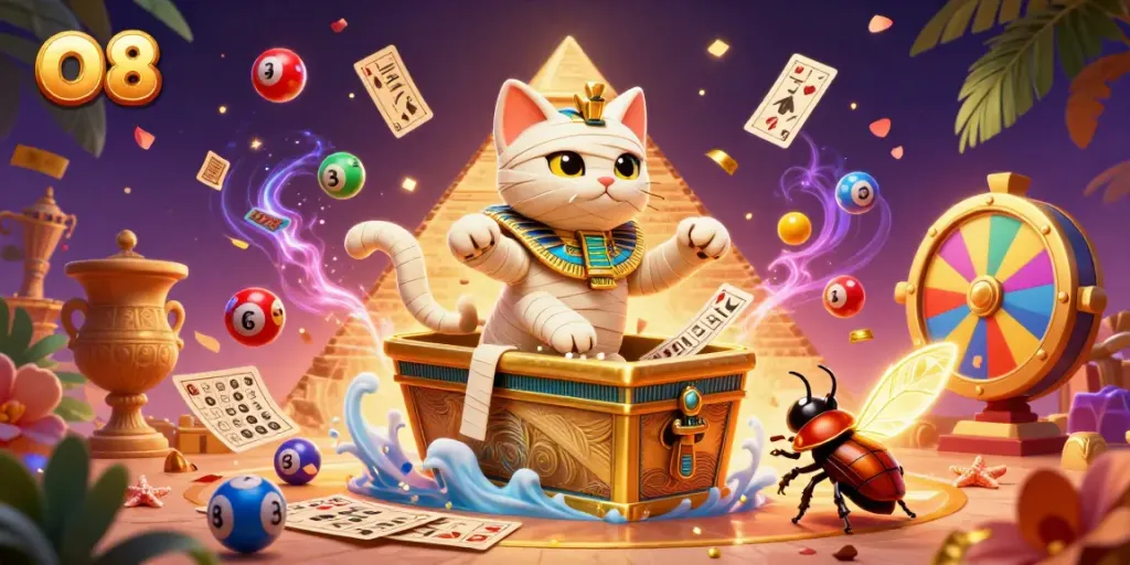 Experience the excitement of O8 as a mummy cat emerges in a vibrant pyramid casino surrounded by dynamic game elements.