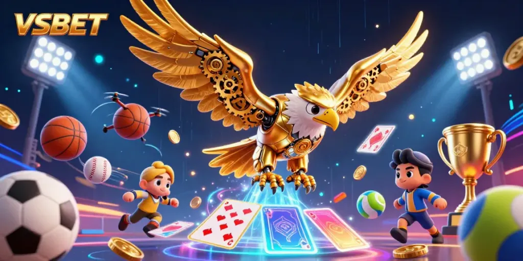 Experience exciting sports betting with VSBET featuring a dynamic scene of a golden eagle diving through holographic playing cards.