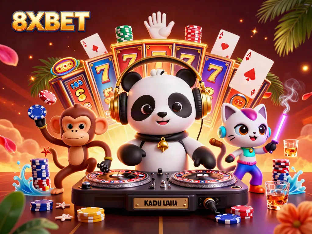 Experience thrilling slots action with 8XBET's vibrant 3D illustration featuring unique casino elements.