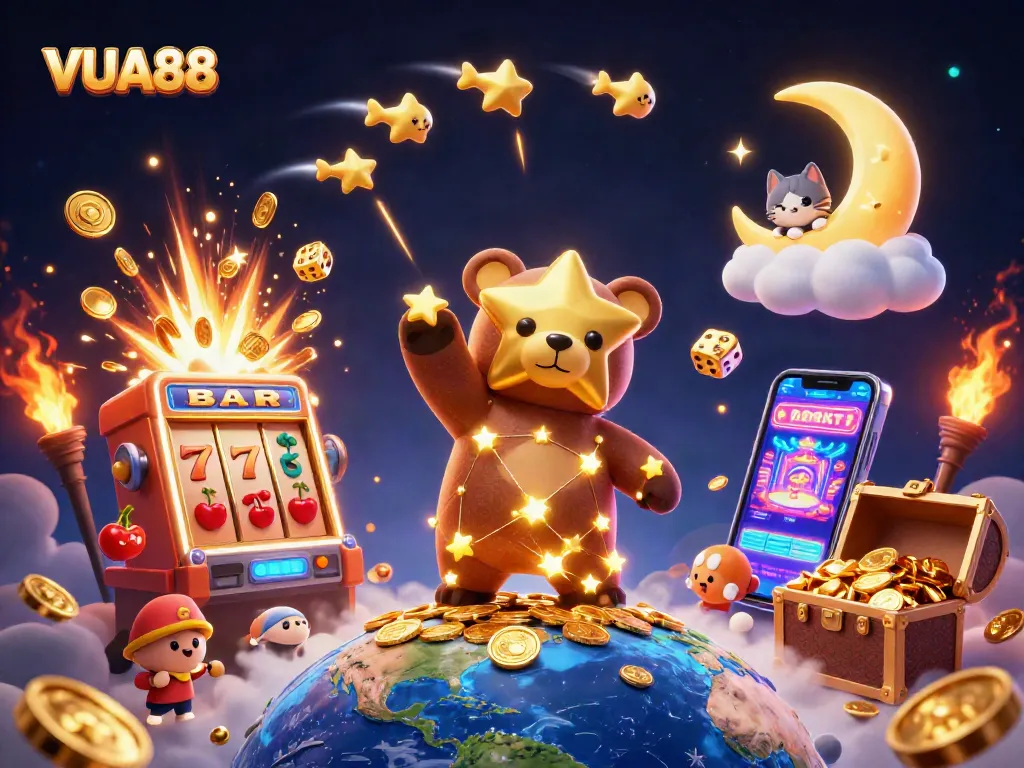 Experience winning moments at VUA88 with vibrant casino elements and colorful characters.
