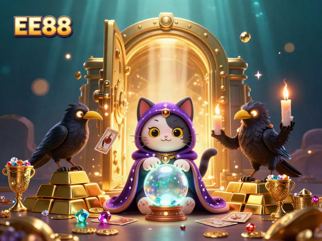EE88 showcases a vibrant casino scene with mystical characters and treasures, inviting players to join.