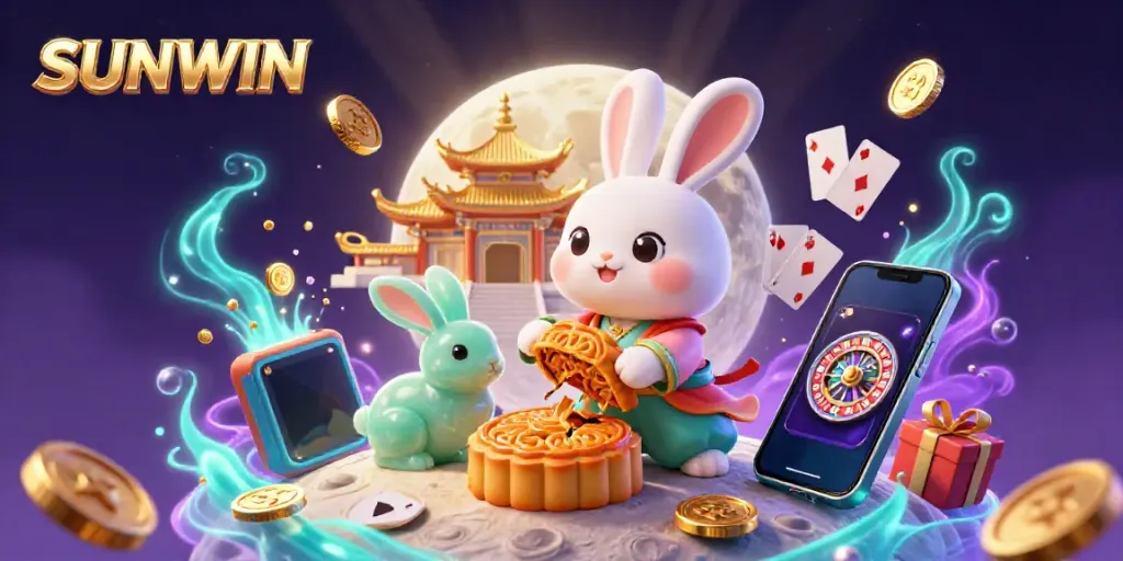 SUNWIN showcases a captivating 3D rabbit character crushing mooncakes revealing poker chips amidst a vibrant casino atmosphere.