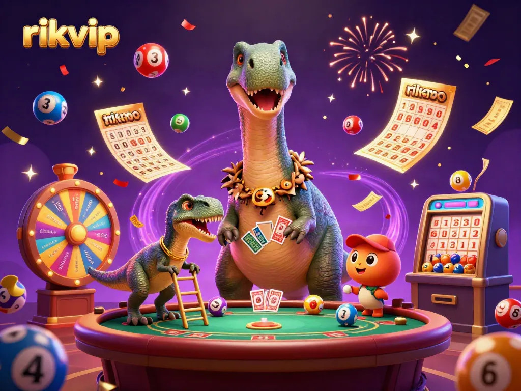 rikvip showcases a vibrant casino scene with a giant brontosaurus and clever raptor dealing cards