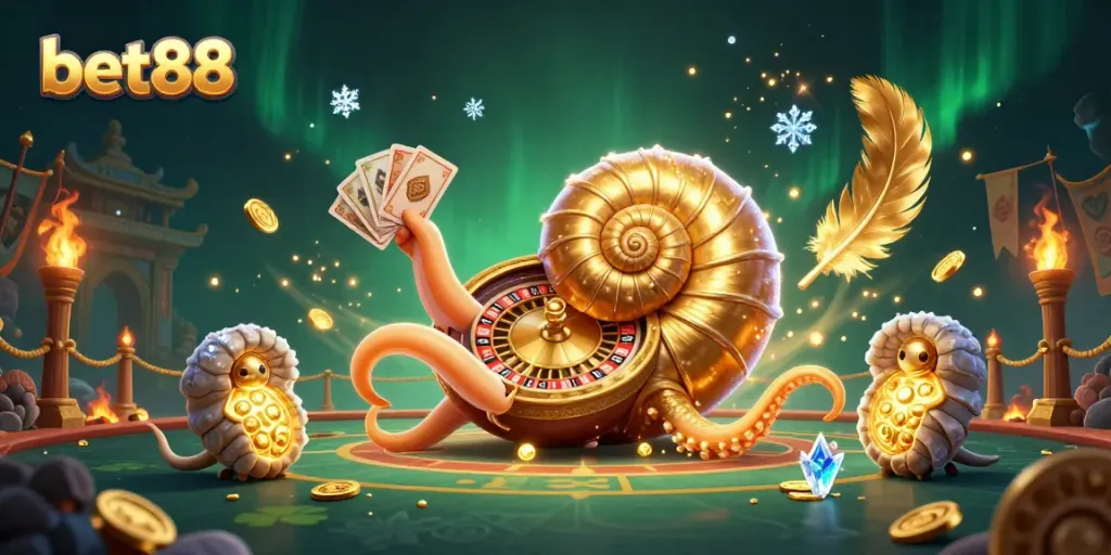 Experience the excitement of bet88 with a vibrant 3D illustration of a giant nautilus roulette amid dazzling casino elements.