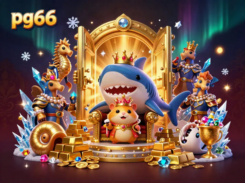 Experience the thrill of pg66 with a vibrant underwater casino scene featuring a golden hamster king on a megalodon throne.
