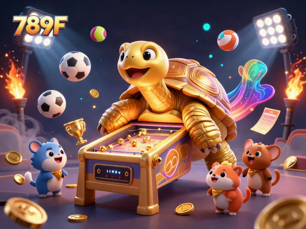 Engage in thrilling gameplay at 789F, featuring a golden tortoise pinball machine amidst dynamic sports elements.