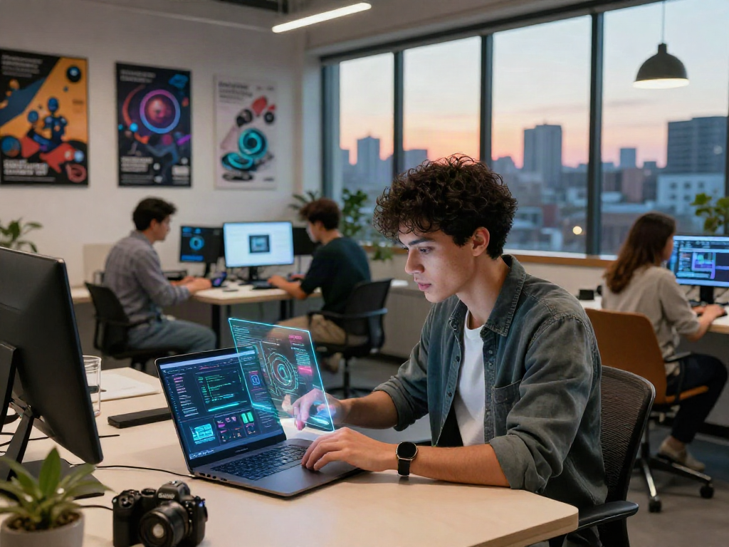 Engaged individual using 18+ ai technology in a modern workspace.