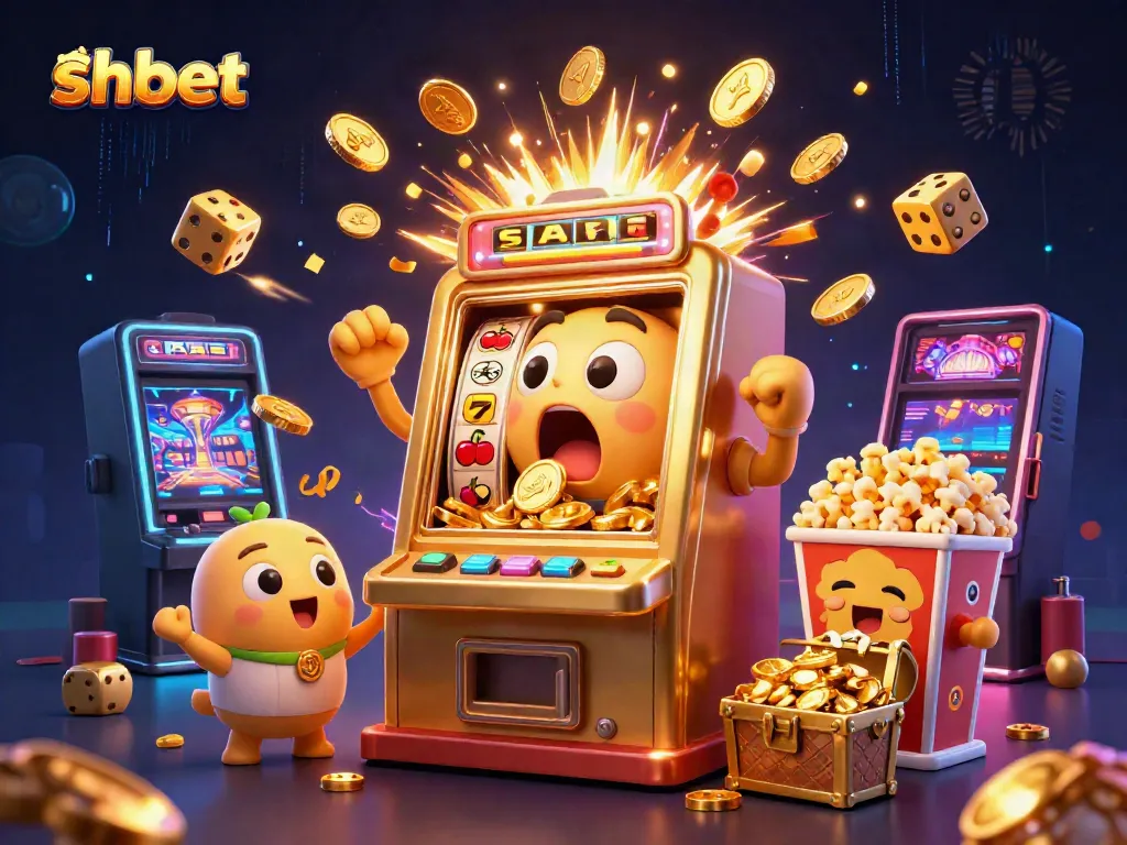 Experience excitement with shbet as the animated slot machine hits jackpots surrounded by cheering mini slot machines.