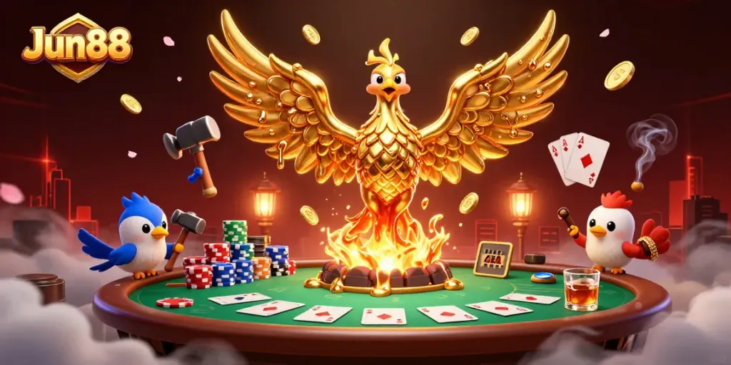 Experience thrilling action at Jun88 with a golden phoenix and poker elements in a vibrant 3D scene.