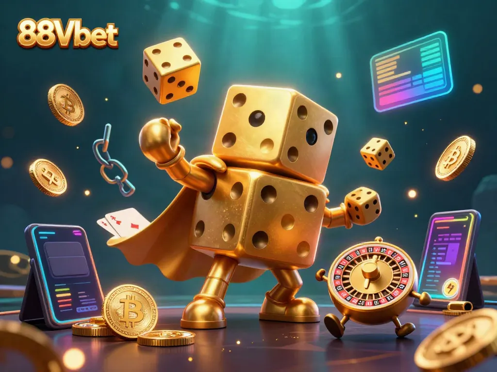 Play exciting games at 88Vbet with lively casino characters and dynamic crypto elements in a vibrant scene.
