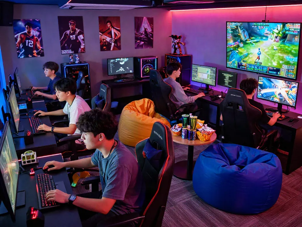 Young adults enjoying gaming activities at warung168's online lounge.