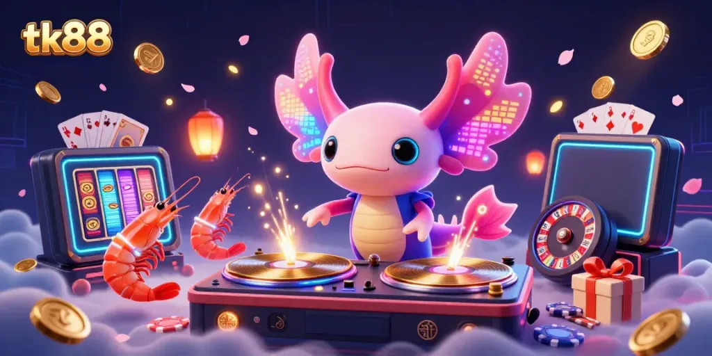 Experience tk88 excitement with a neon-colored axolotl DJ and lively sea creatures in a dynamic casino scene.