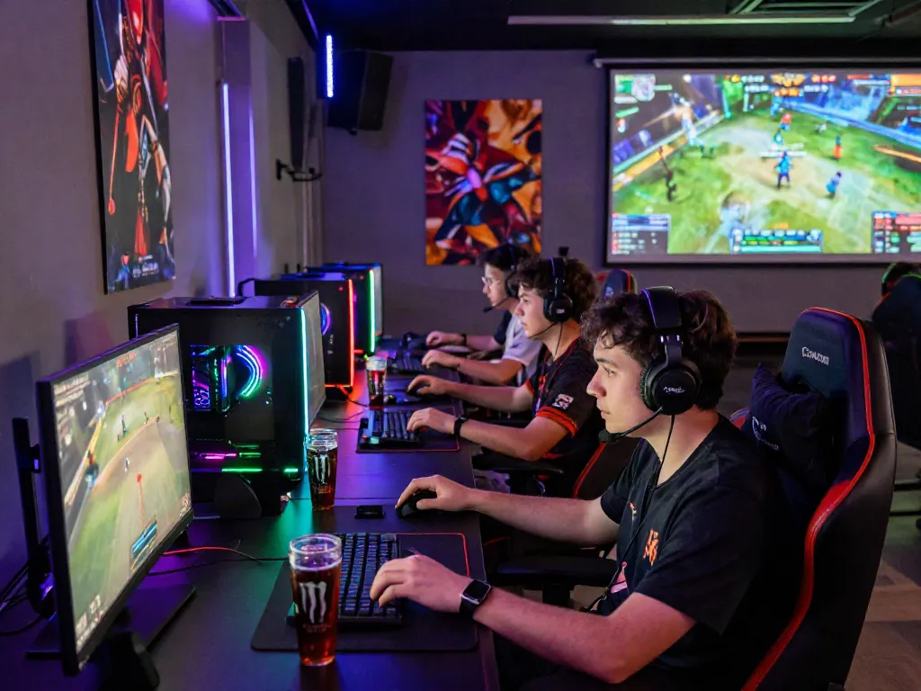Intense gaming lounge atmosphere with friends enjoying warung168 gaming setups, LED lights, and esports displays.