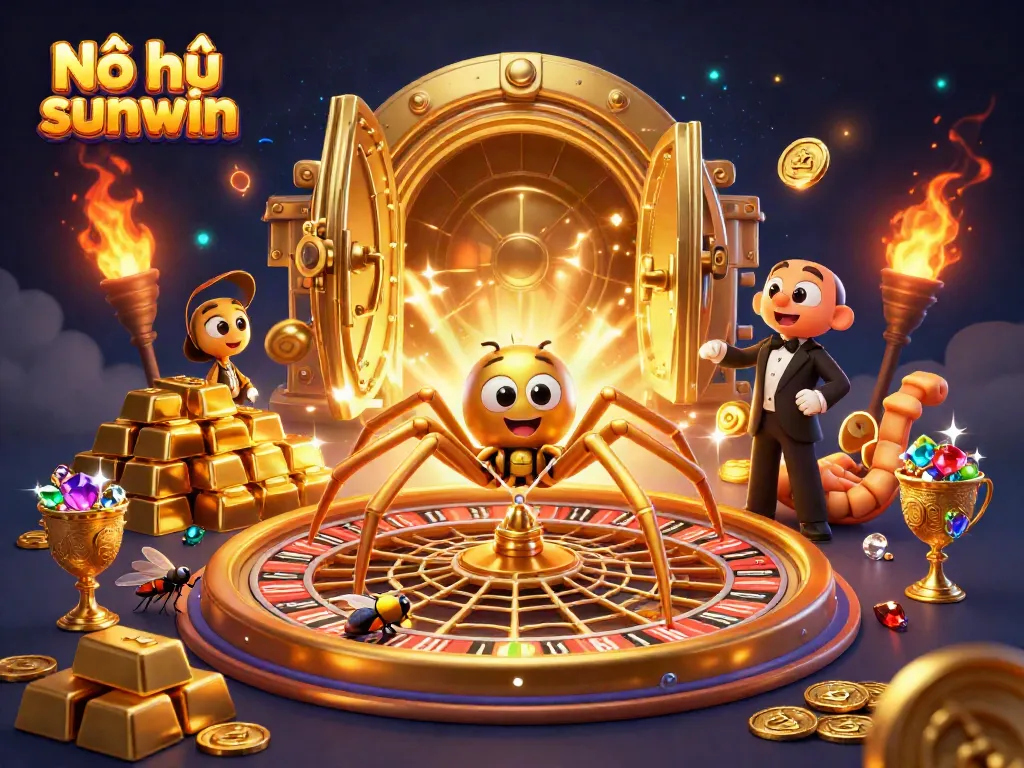 Engage in Nổ hũ sunwin with a thrilling casino-themed illustration featuring dynamic characters and treasure.