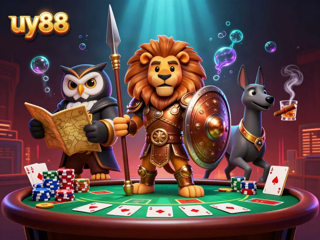 Experience thrilling gameplay with uy88 depicted in an action-packed, vibrant casino scene featuring a Spartan lion and strategic characters.