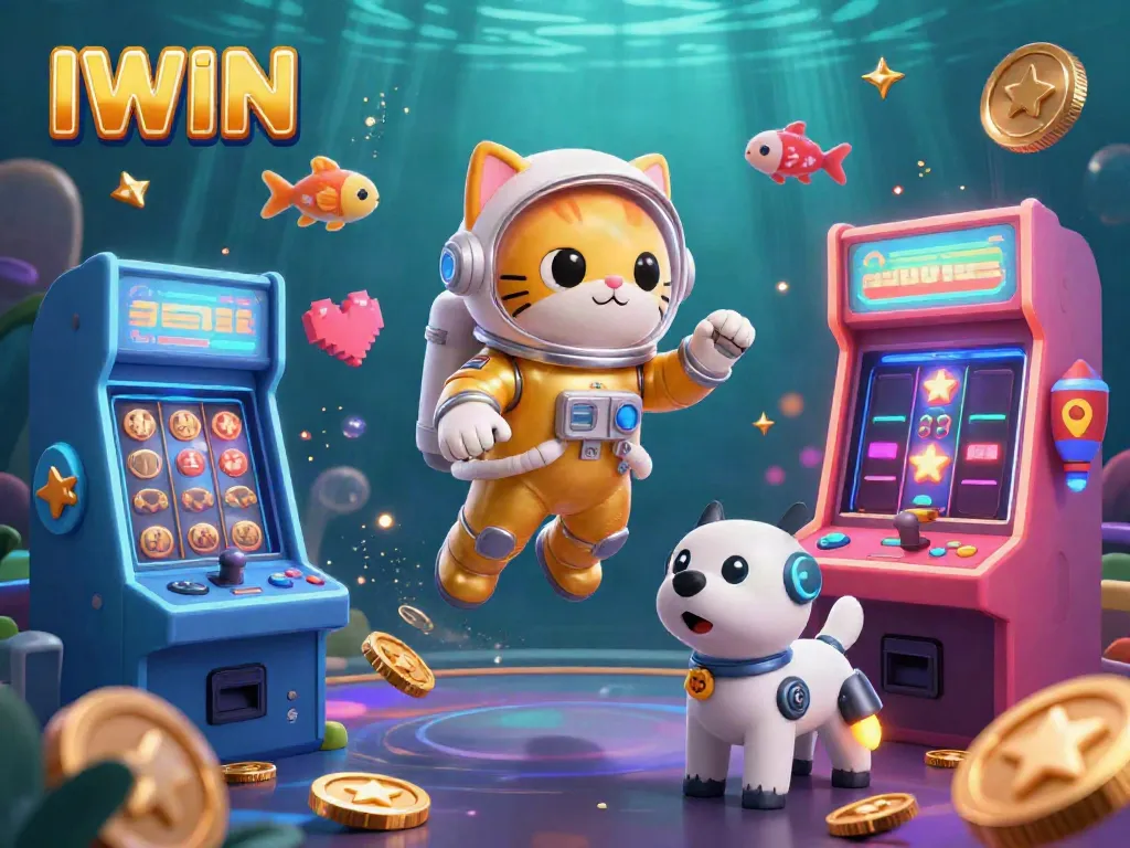 Experience the excitement of IWIN gaming with a vibrant 3D casino scene featuring fun characters and arcade games.