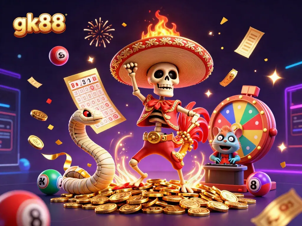 Engage with exhilarating gk88 casino action featuring a lively mariachi rooster celebrating on golden coins.