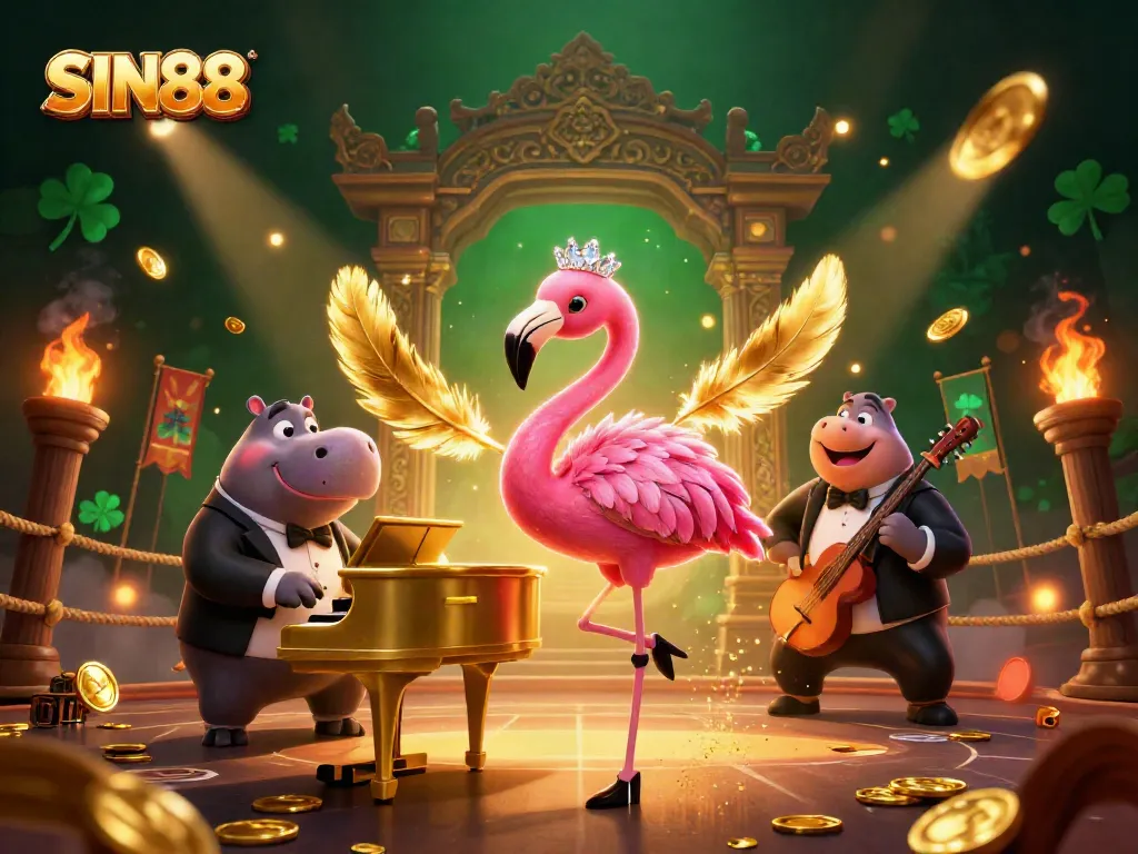 SIN88 engages players with captivating 3D casino illustration showcasing a lounge singer and bassist in an immersive atmosphere.