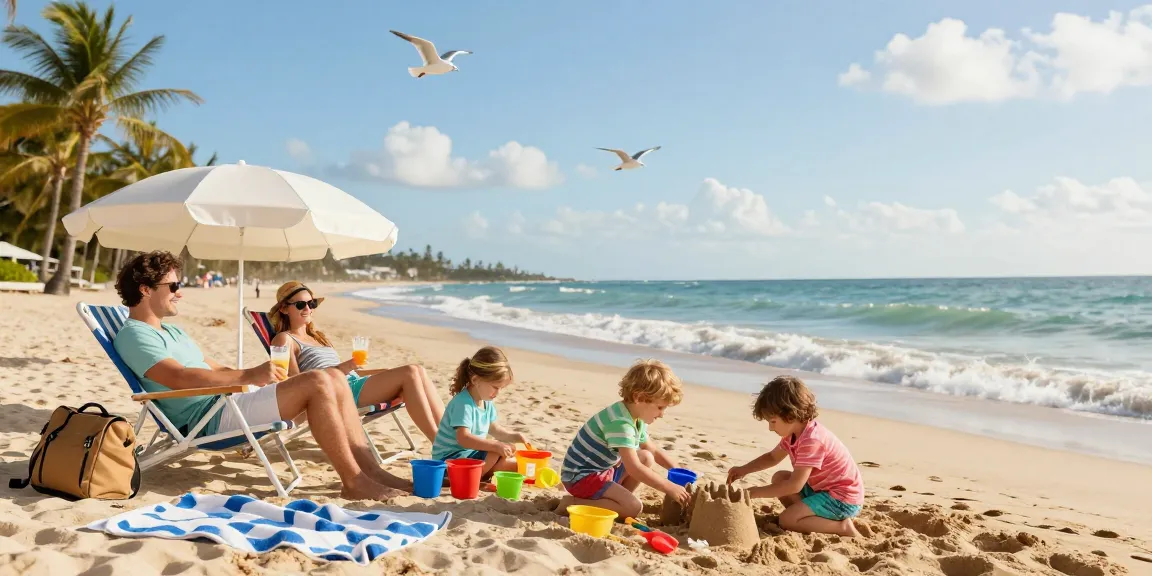 Urlop na plaży z rodziną, dzieci budują zamki z piasku, relaksujący krajobraz wakacyjny.