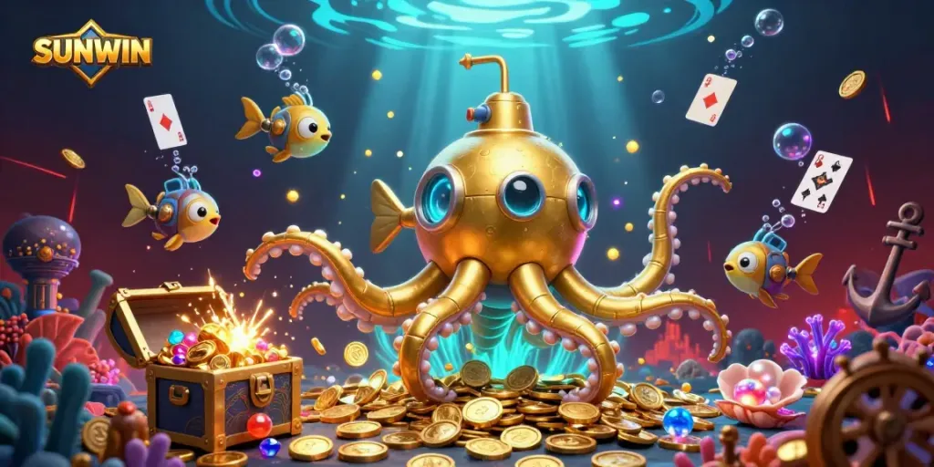 SUNWIN features a golden kraken submarine amidst gold coins and casino elements in vibrant 3D illustration.