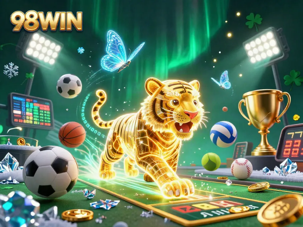 Win big at 98WIN with an electrifying neon casino scene showcasing sports and jackpots!