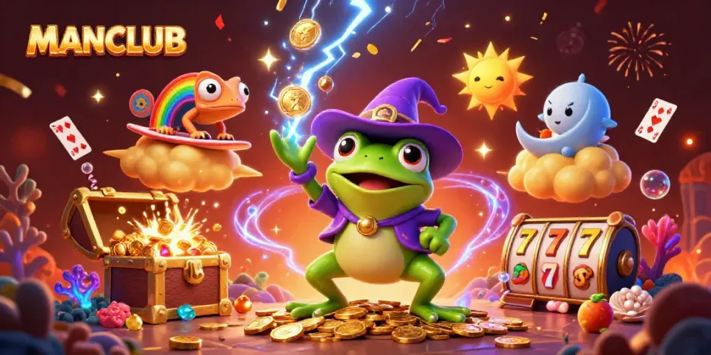 Engage with MANCLUB's thrilling gaming experience, as a cartoon frog conjures golden coins amidst dynamic casino elements.
