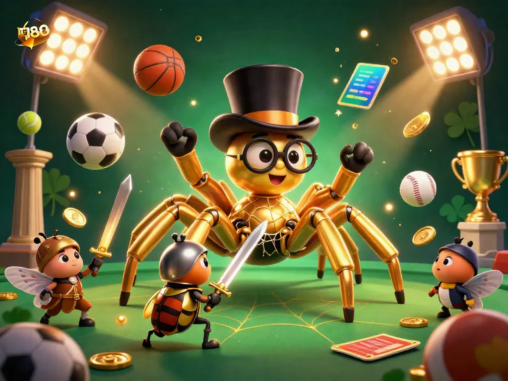 Experience thrilling moments at w188 casino with a dynamic illustration of a golden tarantula and knight amidst various gaming elements.