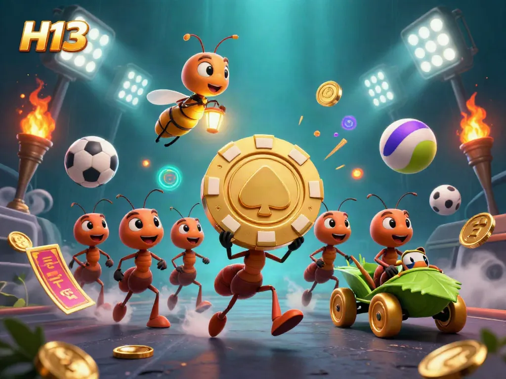 Experience H13's vibrant underground casino heist with playful cartoon ants and dynamic game elements.