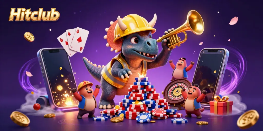Hitclub celebrates with a triceratops building poker chips, showcasing vibrant casino elements