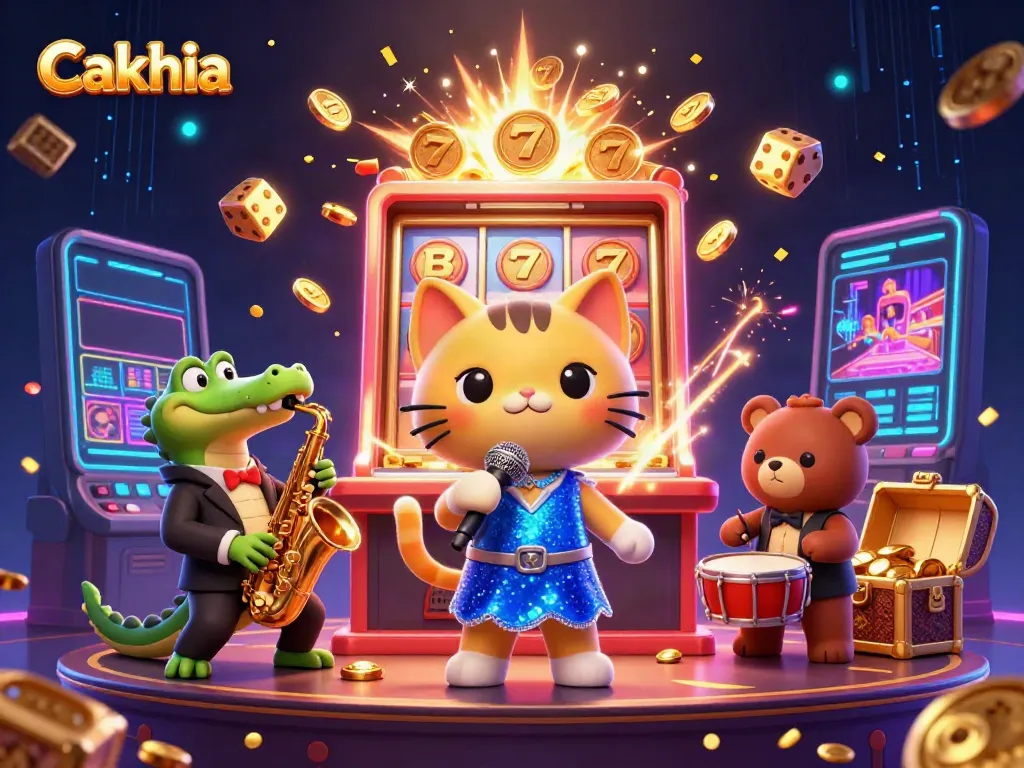 Cakhia's vibrant illustration of a singing cat, jazz crocodile, and drumming bear highlights casino excitement.