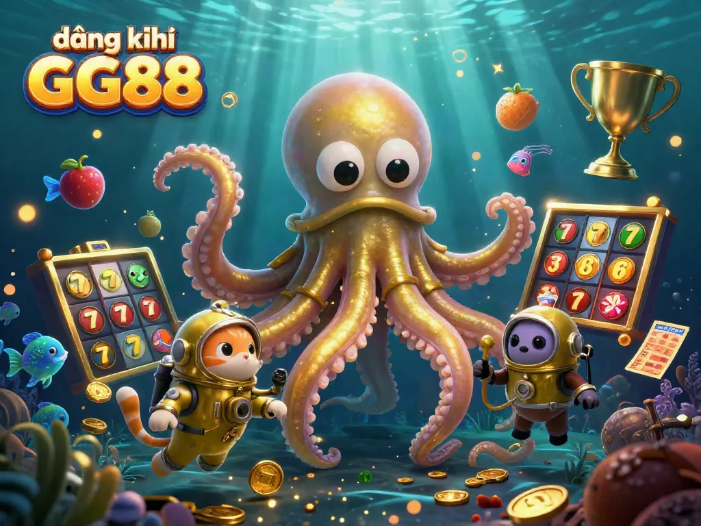 Experience đăng ký GG88 with a dynamic slot gaming illustration featuring a kraken and diving cat.