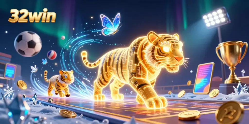Engage with 32win's vibrant casino scene, featuring a neon tiger and dynamic sports elements.