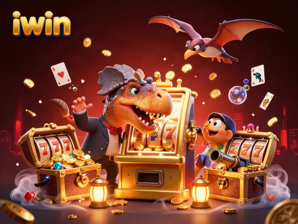 Experience iwin jackpot excitement with vibrant 3D casino illustration featuring wild characters.
