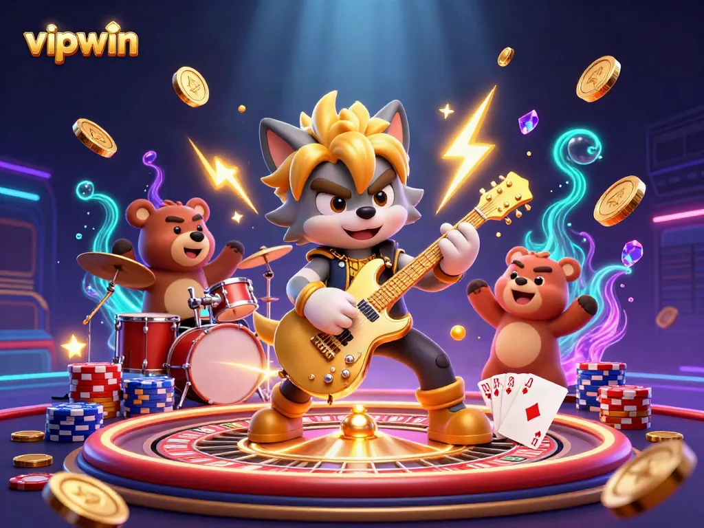 Experience vipwin's vibrant casino world with cartoon rock star wolf and dynamic game elements.