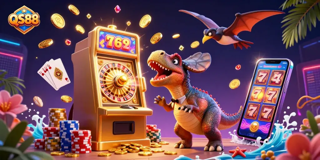 Experience the excitement of QS88 with a pachycephalosaurus triggering a jackpot at a vibrant casino scene.