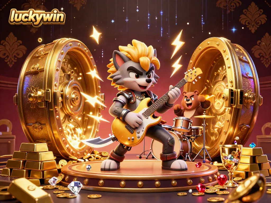 Engage with the thrilling atmosphere of luckywin featuring a rock star wolf and drummer bear on a vibrant casino stage.