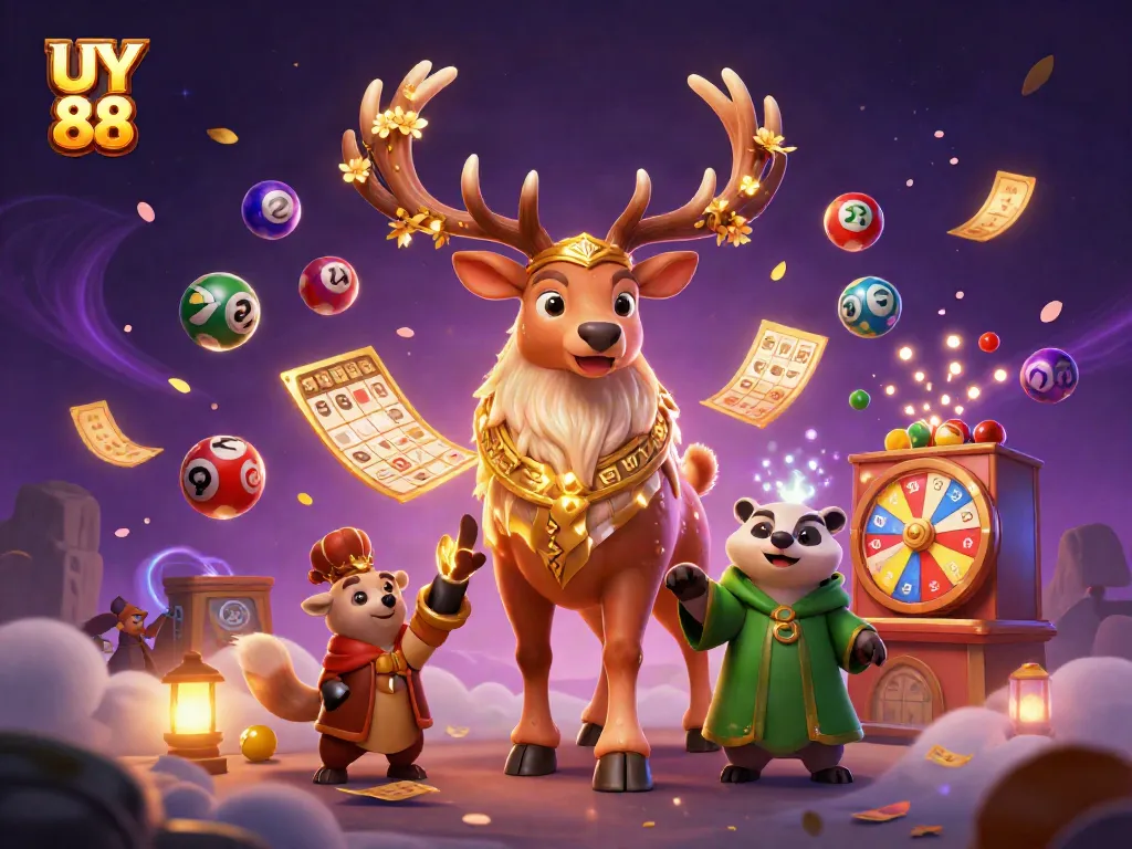 Experience the thrill of UY 88 with dynamic lottery balls and rich casino elements in an engaging scene.